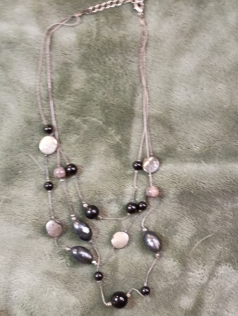 Vintage Black And Silver Tone Beads Silver Tone Chain Triple Strand Women